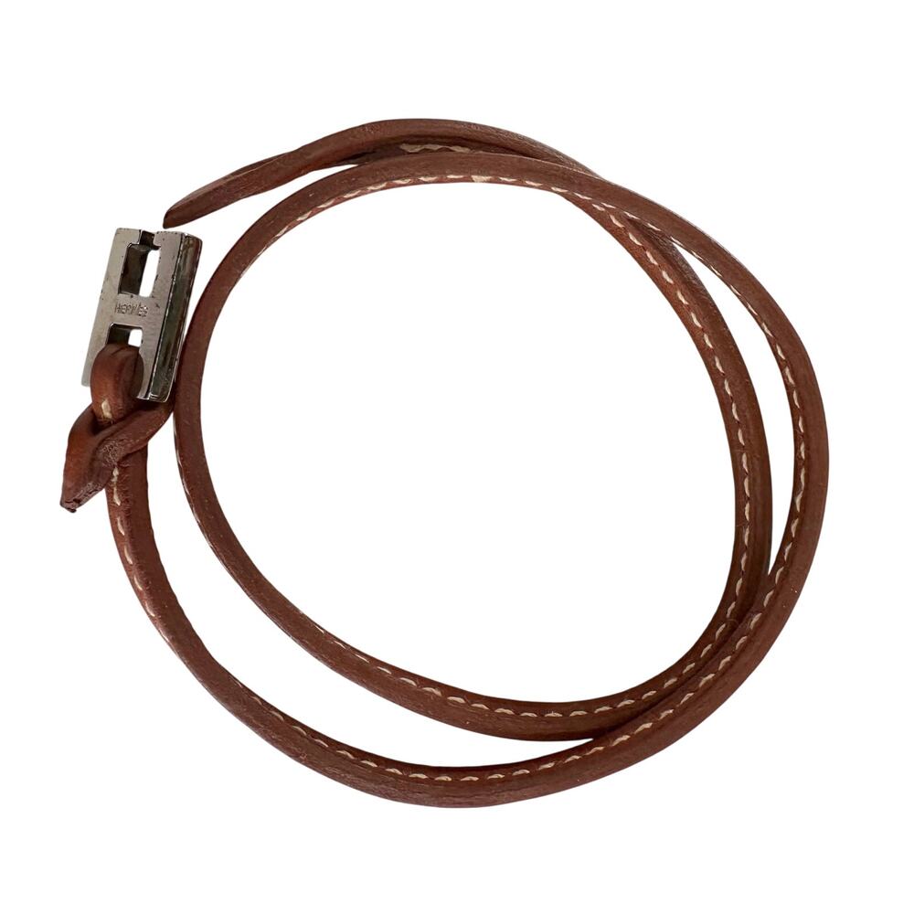 Hermes Tillet Leather Double Wrap Bracelet (Brown w White Stitching) - Picture 4 of 9